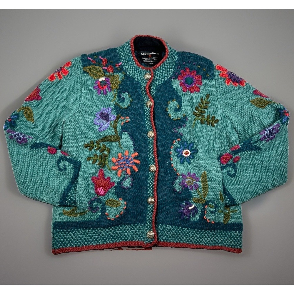 Lost Horizons Womens Wool Cardigan Sweater Medium Floral Knit Handcrafted Green